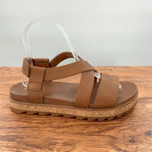 Sorel Roaming Sandals Womens 7 Leather Camel Brown Chucky Platform Cross Straps